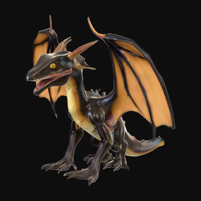 3D model for 一个凶猛的翼龙3D模型，其庞大身躯覆盖坚韧的深色皮肤，皮肤上布满细小而精致的鳞片，呈现出粗糙的触感。巨大的肉质双翼完全伸展，翼膜质地为褶皱的革质，细节丰富。它狰狞地张开大嘴，内部可见锋利如刀的牙齿。末端尖锐的利爪蓄势待发，弯曲的爪尖闪烁着金属般的光泽。