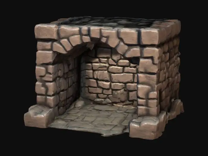 3D model for An uneven bricked dungeon wall part with an empty niche. Game asset, interior level design
