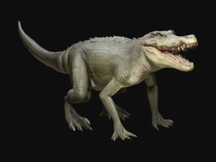 3D model for A crocodile like creature with long and strong legs. Higly detailled, semi realistic, base pose, mouth open