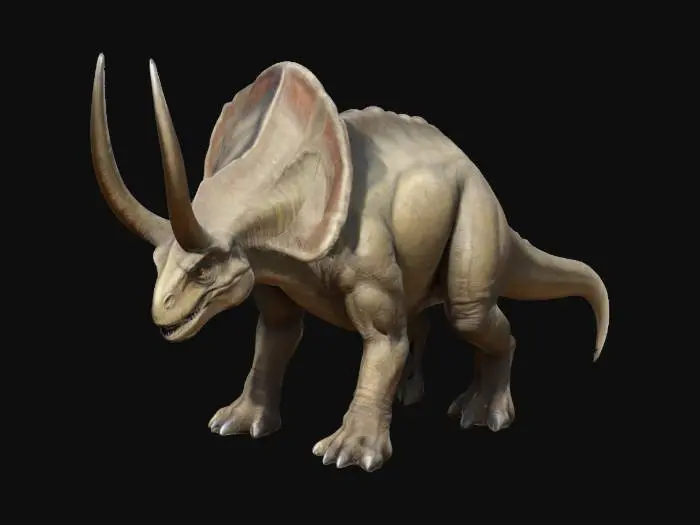 3D model for A big quadroupedal herbivore dinosaur like animal. Four strong legs, massive tail, massive body, a big horn, smooth armored back. Base pose, game asset, realistic