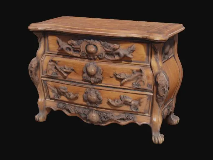 3D model for An artistic wooden commode with detailled carved dragon head decorations and standing on carved dragon talon shaped feet