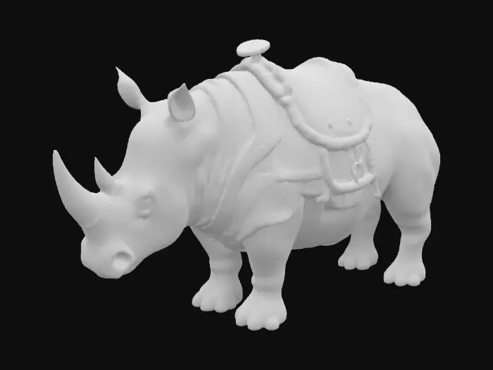 3D model for A grey rhinoceros with heavy mount armor on its back, and a leather saddle with green saddlecloth. Game asset, quadrupedal