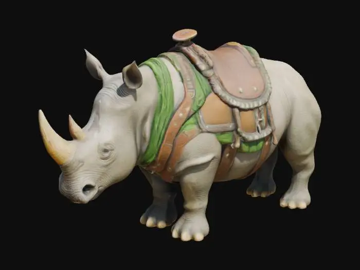3D model for A grey rhinoceros with heavy mount armor on its back, and a leather saddle with green saddlecloth. Game asset, quadrupedal