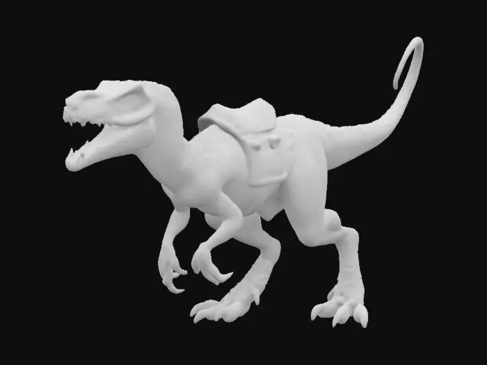 3D model for A realistic raptorlike dinosaur mount. Equipped with a leatherseat for a rider on its back; the leatherseat is attached with a leatherbelt around the body of the animal. Ultra realistic, basic pose, open mouth
