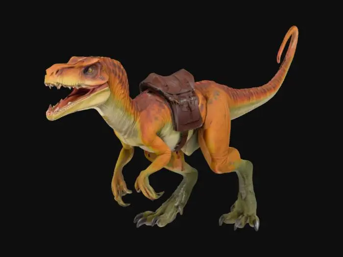 3D model for A realistic raptorlike dinosaur mount. Equipped with a leatherseat for a rider on its back; the leatherseat is attached with a leatherbelt around the body of the animal. Ultra realistic, basic pose, open mouth