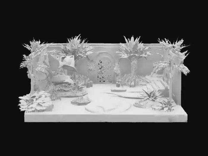 3D model for A large terrace with a garden with exotic plants and trees. It has a foodpath around the garden on he terrace and a wall with an entrance at its back side, #garden#