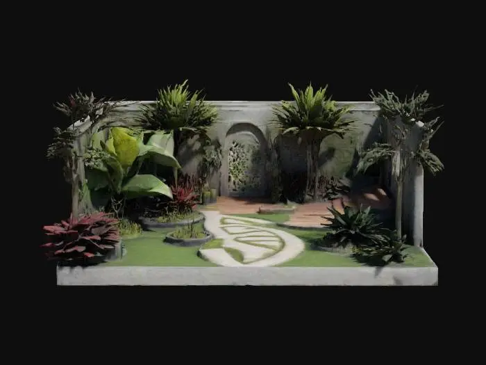 3D model for A large terrace with a garden with exotic plants and trees. It has a foodpath around the garden on he terrace and a wall with an entrance at its back side, #garden#