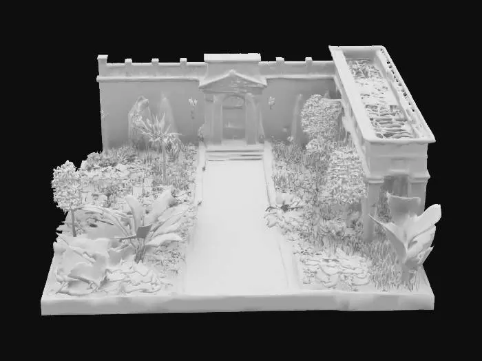 3D model for A large terrace with a garden with exotic plants and trees. The terrace is part of a big stone building. It has a foodpath around the garden on he terrace and a wall with an entrance at its back side, #garden#