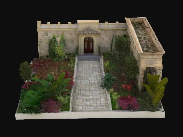 3D model for A large terrace with a garden with exotic plants and trees. The terrace is part of a big stone building. It has a foodpath around the garden on he terrace and a wall with an entrance at its back side, #garden#