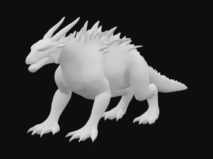 3D model for A dragonlike quadropedal creature. It has a scaly skin with spot and stripe pattern with shades of darkred. Its chest and the whole underside have brighter scales. It has two big brownish horns and a row of thorny scales in its nape and on its back 
