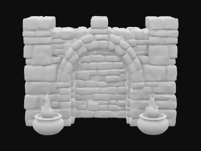 3D model for A dungeon wall part with embattled stone braziers. Uneven bricked wall on the sides. Game asset, interior level design