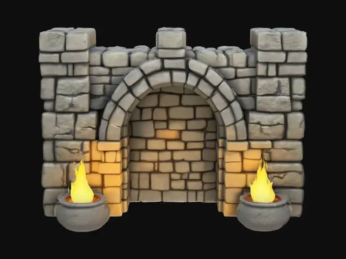 3D model for A dungeon wall part with embattled stone braziers. Uneven bricked wall on the sides. Game asset, interior level design