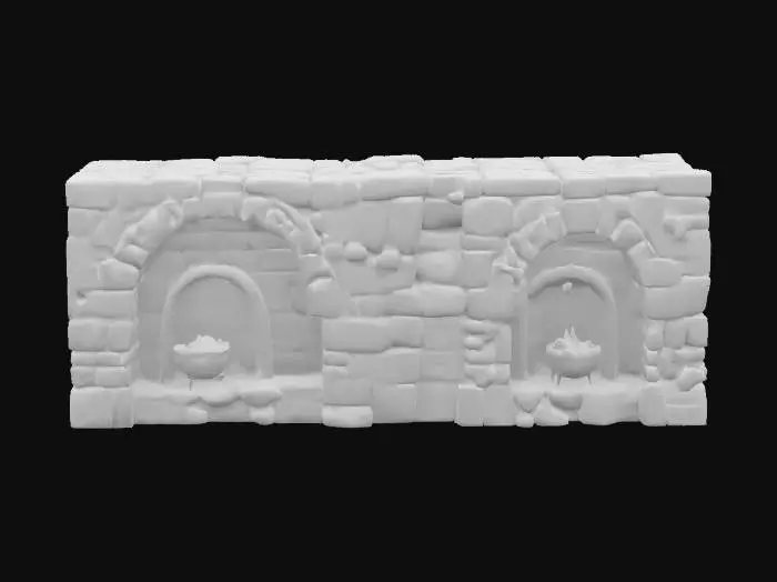 3D model for A dungeon wall part with ebedded stone braziers. Uneven bricked wall on the sides. Game asset, interior level design