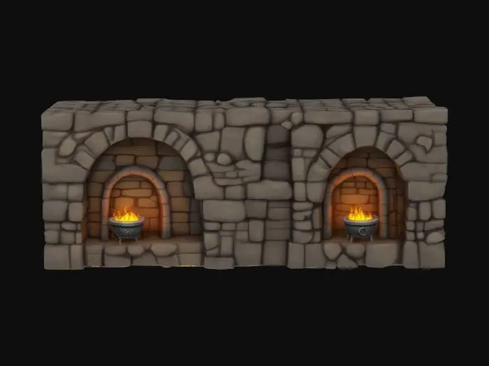 3D model for A dungeon wall part with ebedded stone braziers. Uneven bricked wall on the sides. Game asset, interior level design