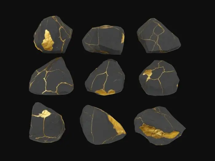 3D model for A set of nine variations of a rock with gold deposit. Darkgray stone texture with visible gold veins