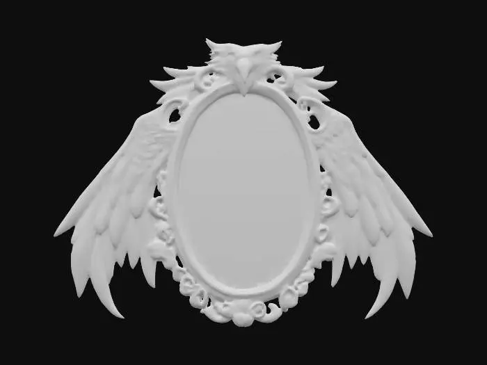 3D model for A wizards oval mirror with a highly decorated wooden frame with feather patterns. The frame of the mirror has a sculpted wooden gryphons wings at its upper sides and a sculpted wooden gryphon head at its top. #PBR#