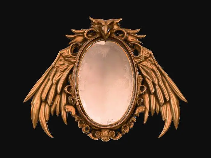 3D model for A wizards oval mirror with a highly decorated wooden frame with feather patterns. The frame of the mirror has a sculpted wooden gryphons wings at its upper sides and a sculpted wooden gryphon head at its top. #PBR#