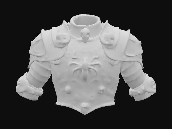 3D model for A cuirass of dark metal, silver spider decorations, skull shaped shoulder pieces; armor, highly detailled, game assets,