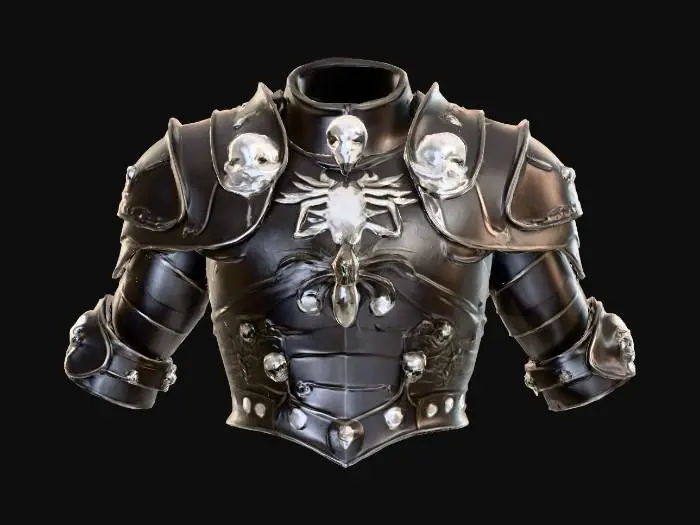 3D model for A cuirass of dark metal, silver spider decorations, skull shaped shoulder pieces; armor, highly detailled, game assets,