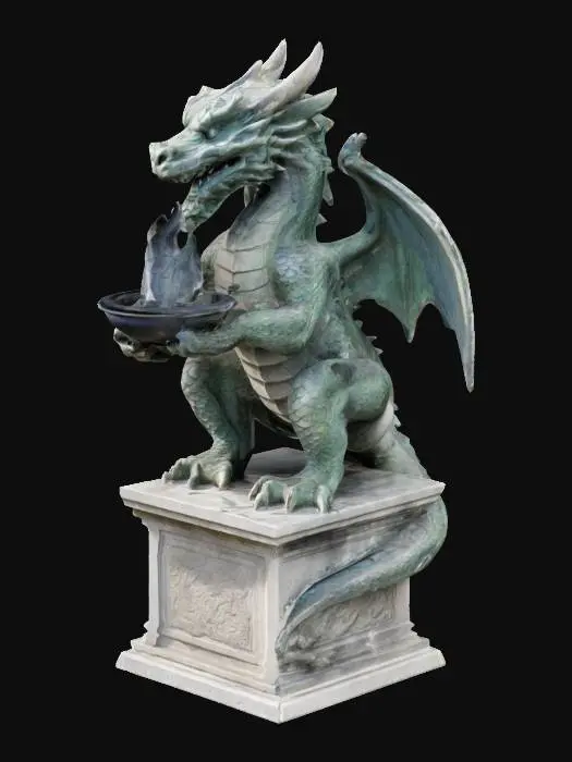 3D model for A stone statue of a dragon, standing on a podium, holding a brazier