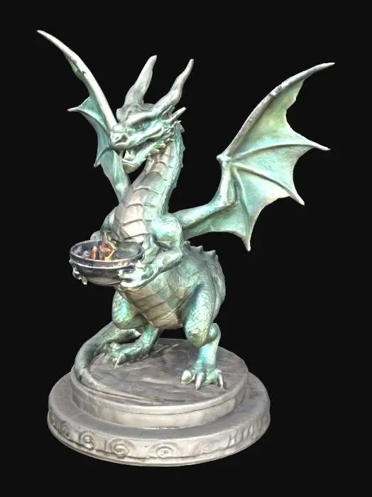 3D model for A stone statue of a dragon, standing on a podium, holding a brazier