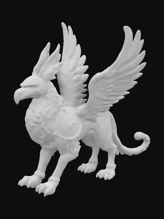 3D model for A griffin, feathered mane, sharp beak, clawed feet, feathered wings. Wearing a helmet, a breatplate. Base pose