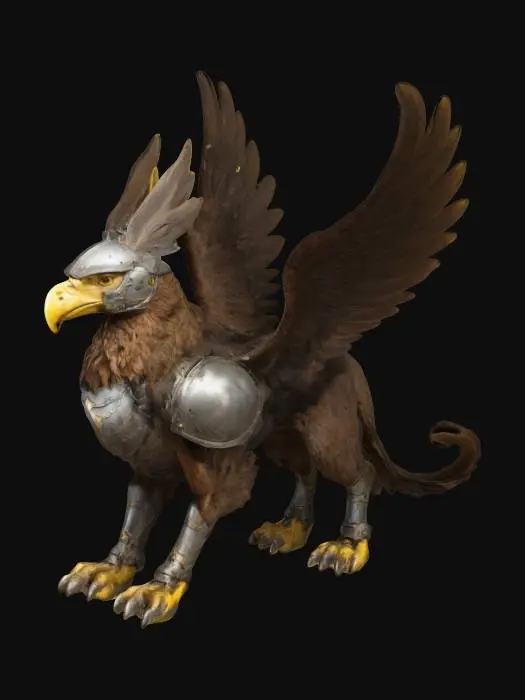 3D model for A griffin, feathered mane, sharp beak, clawed feet, feathered wings. Wearing a helmet, a breatplate. Base pose