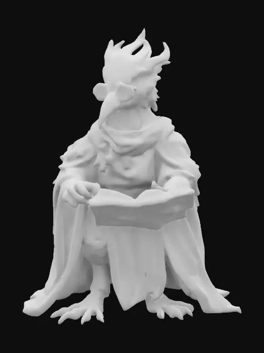 3D model for a mystical bird-like creature with iridescent feathers, wearing a scholar's robe and spectacles