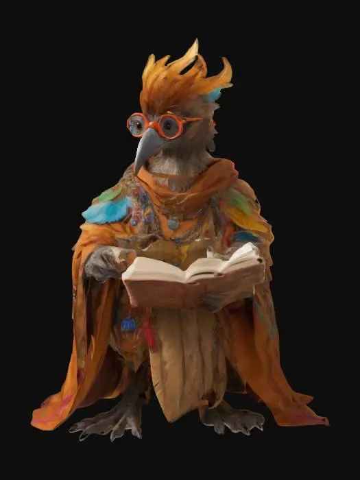 3D model for a mystical bird-like creature with iridescent feathers, wearing a scholar's robe and spectacles