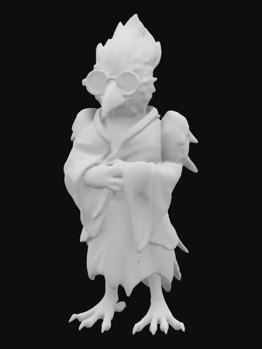 3D model for a mystical bird-like creature with iridescent feathers, wearing a scholar's robe and spectacles