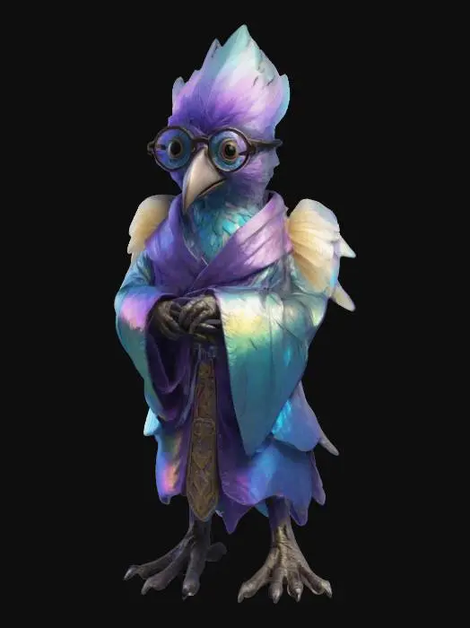 3D model for a mystical bird-like creature with iridescent feathers, wearing a scholar's robe and spectacles
