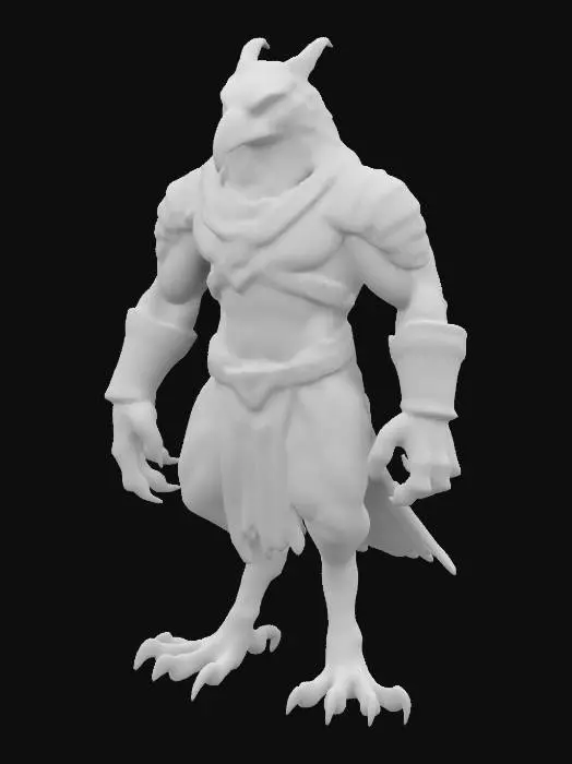 3D model for An anthropomorphic hawk charakter. Scaly talon hands and feet, broad tail feathers. Wearing a light chest armor, a silk wrap around its shoulders, and bracers. Bipedal. A-Pose
