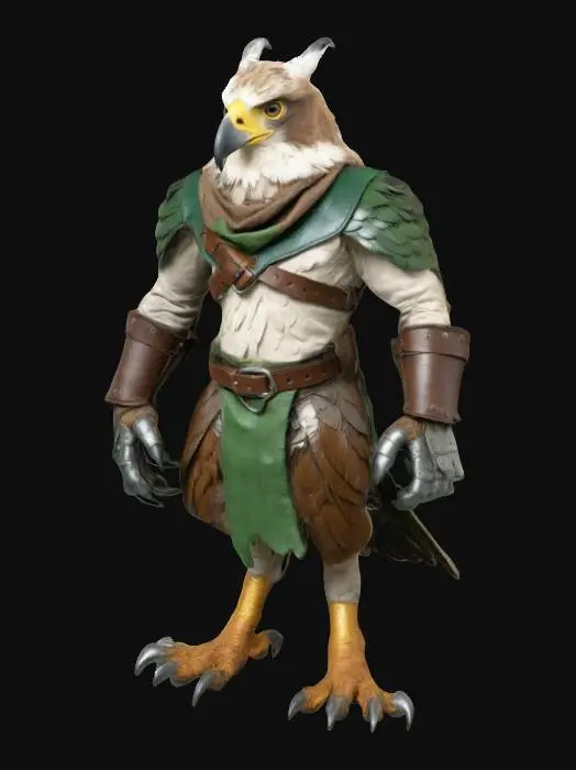 3D model for An anthropomorphic hawk charakter. Scaly talon hands and feet, broad tail feathers. Wearing a light chest armor, a silk wrap around its shoulders, and bracers. Bipedal. A-Pose