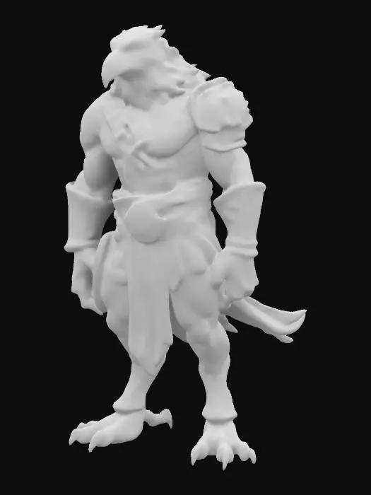 3D model for A humanoid hawk charakter. Scaly talon hands and feet, broad tail feathers. Wearing a light chest armor, a silk wrap around its shoulders, and bracers. Bipedal.