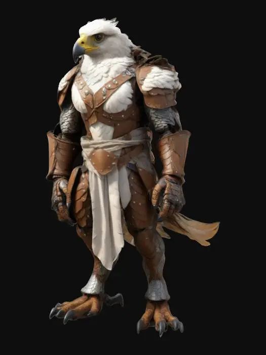 3D model for A humanoid hawk charakter. Scaly talon hands and feet, broad tail feathers. Wearing a light chest armor, a silk wrap around its shoulders, and bracers. Bipedal.