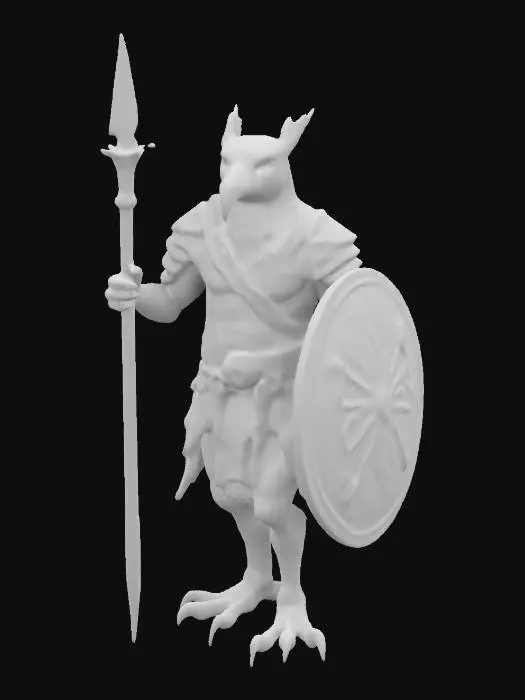 3D model for An anthropomorphic hawk soldier. Scaly talon hands and feet, broad tail feathers. Wearing a light chest armor, a silk wrap around its shoulders, and bracers. Armed with a spear and a shield. Bipedal.