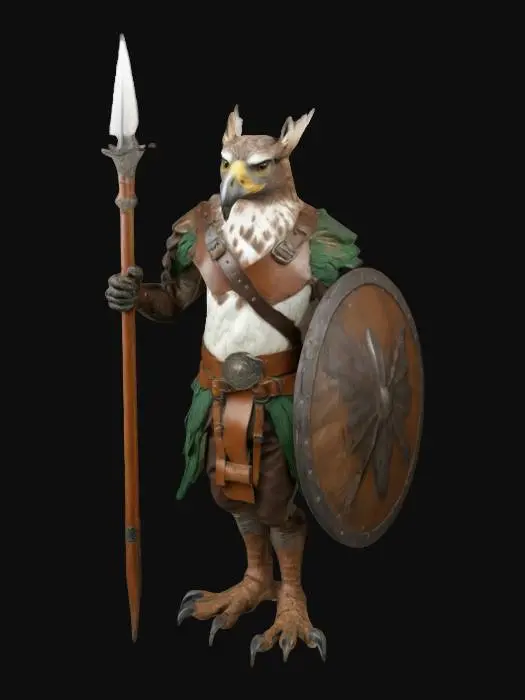 3D model for An anthropomorphic hawk soldier. Scaly talon hands and feet, broad tail feathers. Wearing a light chest armor, a silk wrap around its shoulders, and bracers. Armed with a spear and a shield. Bipedal.