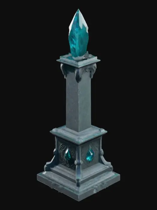 3D model for A large magical crystal pylon with a big round base of artistic sculpted stone, holdig a huge magical crystal