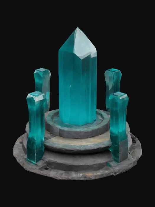 3D model for A large magical crystal pylon with a big round base of artistic sculpted stone, holdig a huge magical crystal