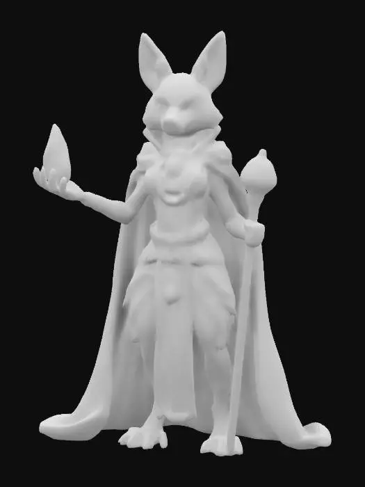 3D model for A humanoid fox mage. Digitigrade feet. Wearing fine velvet garments and rich jewelry. Holding a scepter with a magical crystal at its pike. Semi realistic, medieval, fantasy, default pose