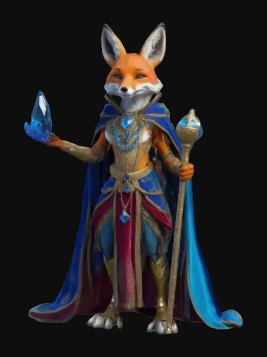 3D model for A humanoid fox mage. Digitigrade feet. Wearing fine velvet garments and rich jewelry. Holding a scepter with a magical crystal at its pike. Semi realistic, medieval, fantasy, default pose