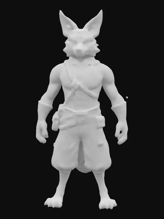 3D model for A humanoid fox charakter. Digitigrade feet, agile build. Wearing tight linen pants with a leather belt. Semi realistic style, medieval, fantasy, base pose