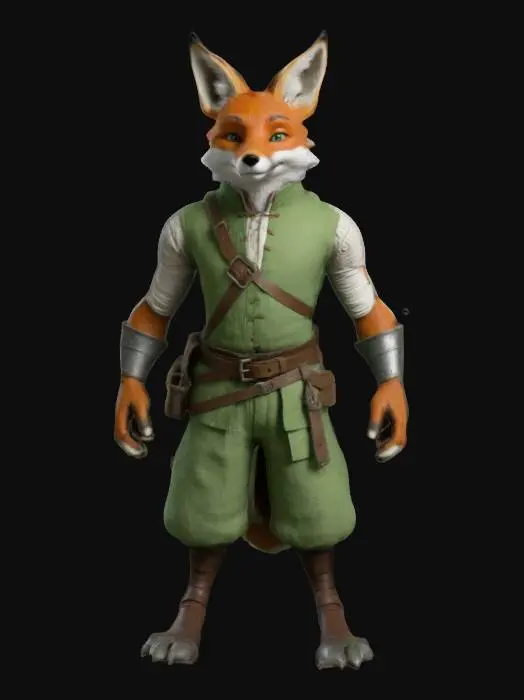 3D model for A humanoid fox charakter. Digitigrade feet, agile build. Wearing tight linen pants with a leather belt. Semi realistic style, medieval, fantasy, base pose
