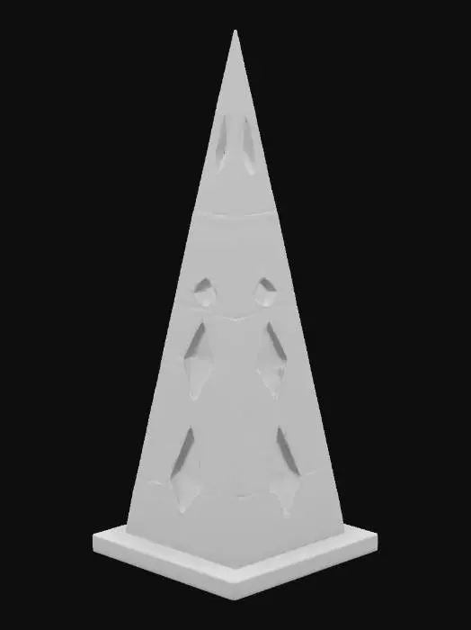 3D model for A mysterious mystical obelisk with geometric shapes. The surface looks like smooth and flat black stone which covers a purple glowing magical material which is visible through hollows in the surface