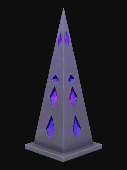 3D model for A mysterious mystical obelisk with geometric shapes. The surface looks like smooth and flat black stone which covers a purple glowing magical material which is visible through hollows in the surface