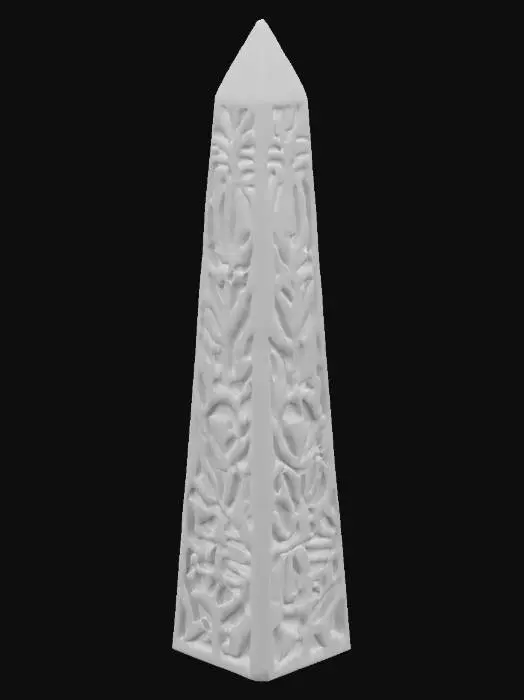 3D model for A mysterious mystical obelisk with geometric shapes. The surface looks like smooth and flat black stone which covers a purple glowing magical material which is visible through hollows in the surface