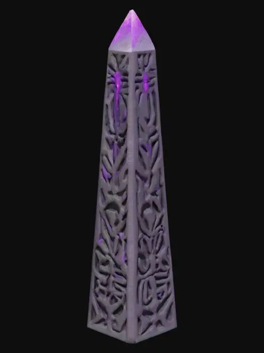 3D model for A mysterious mystical obelisk with geometric shapes. The surface looks like smooth and flat black stone which covers a purple glowing magical material which is visible through hollows in the surface