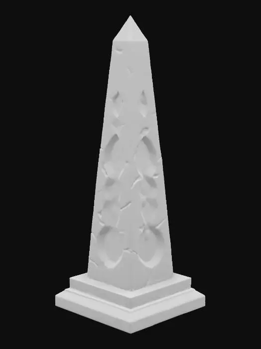 3D model for A mysterious mystical obelisk with geometric shapes. The surface looks like smooth and flat black stone which covers a purple glowing magical material which is visible through hollows in the surface