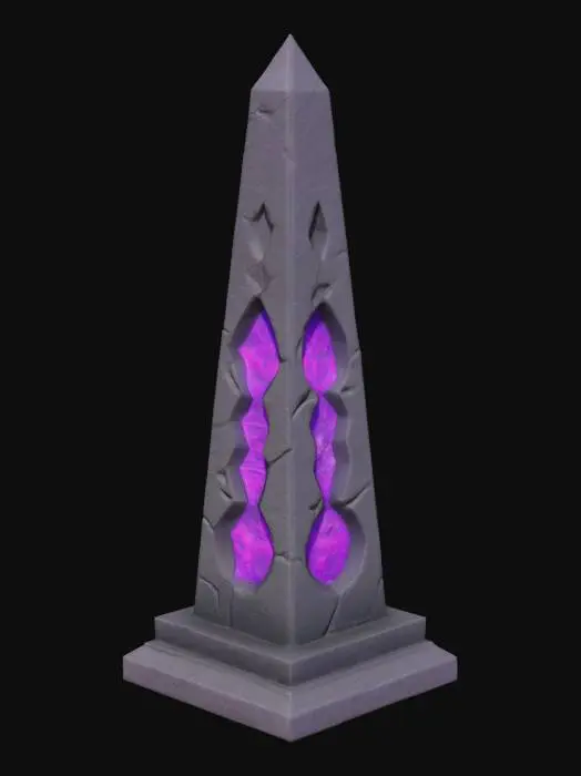 3D model for A mysterious mystical obelisk with geometric shapes. The surface looks like smooth and flat black stone which covers a purple glowing magical material which is visible through hollows in the surface