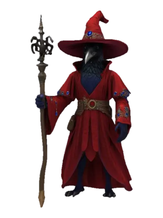 An anthropomorphic raven wizard, wearing classical wizard attire of a highly… - Robes 3D model, vytvořený pomocí AI
